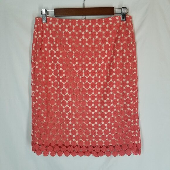 A Talbots Women's Coral Orange Pink Daisy Crochet Lace Straight Pencil Skirt 2 - Picture 1 of 9